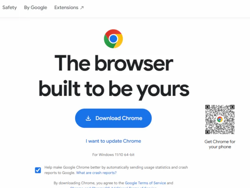 Google Chrome download page featuring the slogan "The browser built to be yours" and options for downloading or updating.