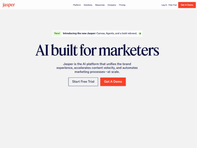 Jasper, an AI platform for marketers, features product highlights, a call to action for a free trial, and a demo option.