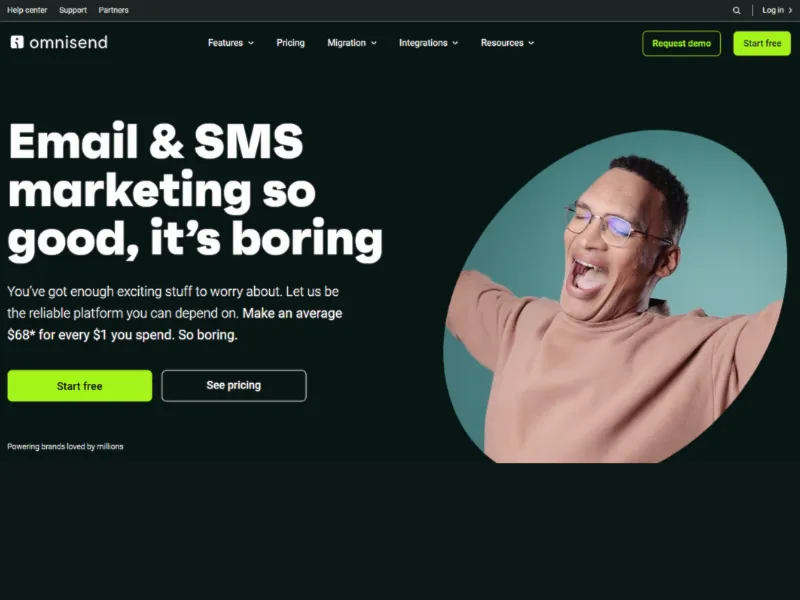 A marketing website promotes email and SMS services with bold text, emphasizing dependability and a high return on investment.