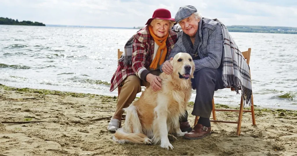 An elderly couple relaxes on a chair, with their dog sitting contentedly beside them, showcasing companionship and warmth.