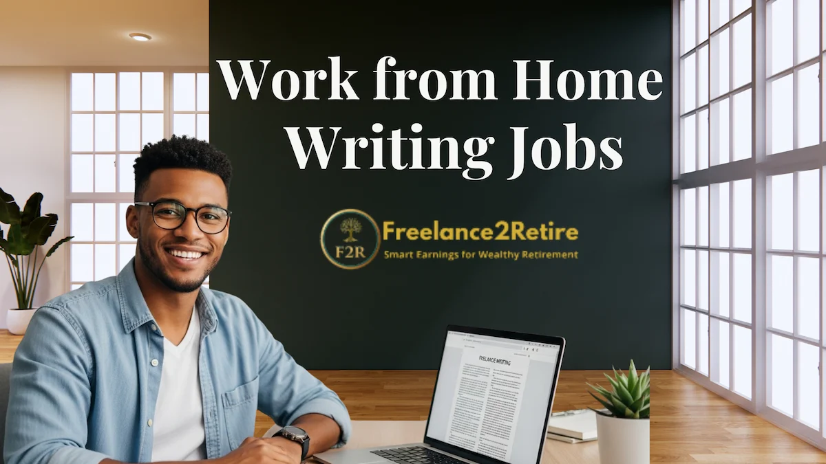 A modern home office setting featuring a laptop displaying "Freelance Writing," with a green wall showcasing "Work from Home Writing Jobs."