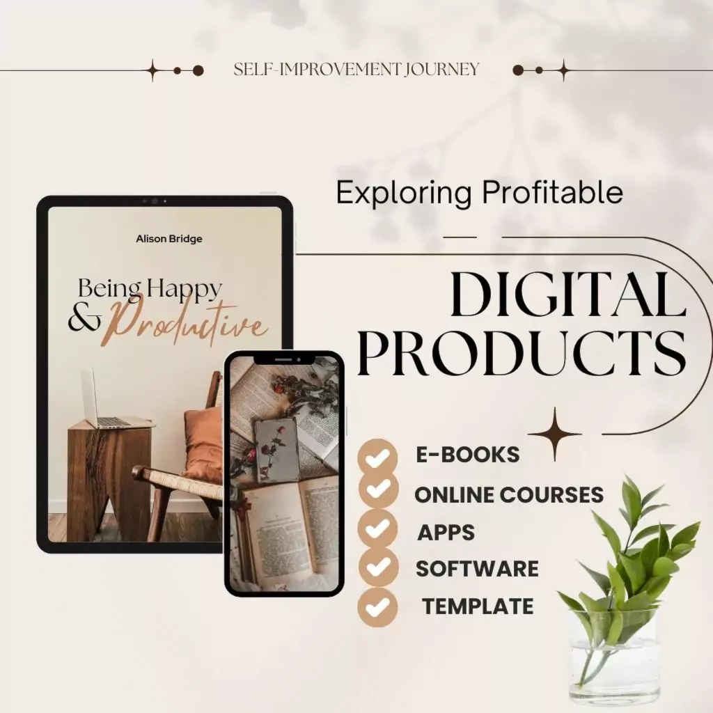 A digital design featuring a tablet and phone displaying productivity resources, highlighting e-books, courses, apps, and templates.