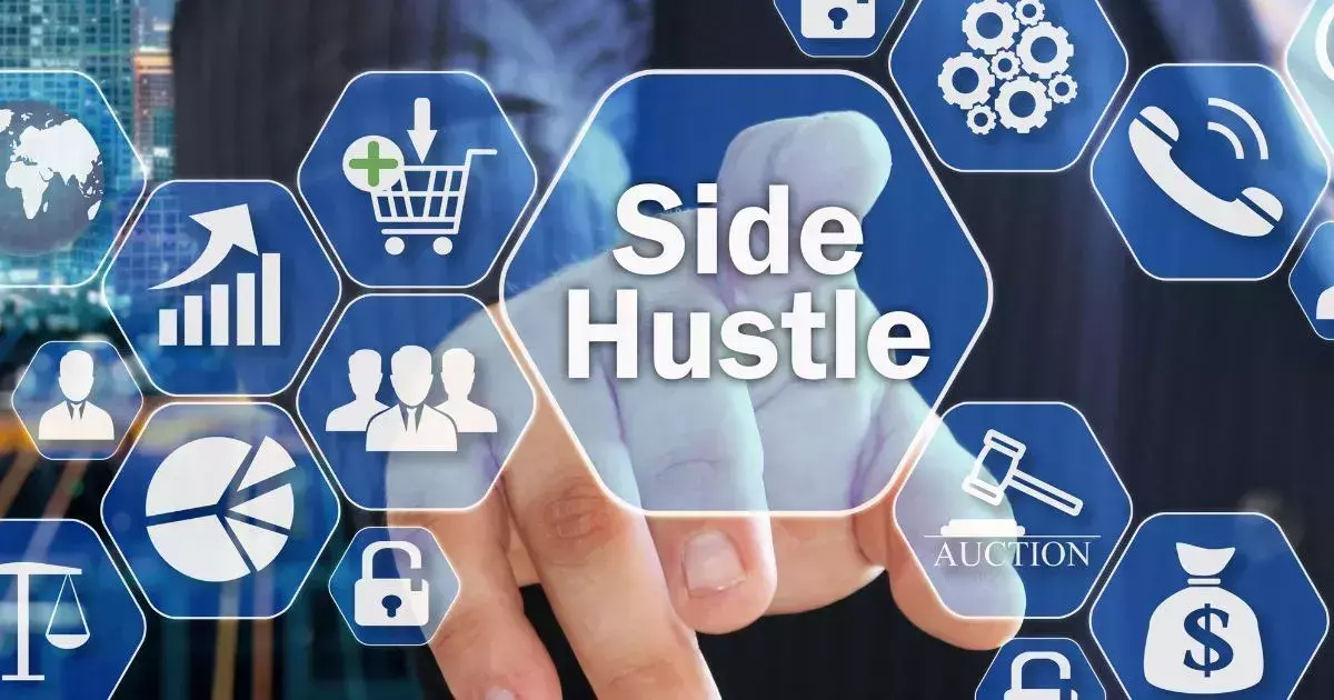 A hand presses on a digital interface featuring various icons, emphasizing a “Side Hustle” theme for entrepreneurship and finance.