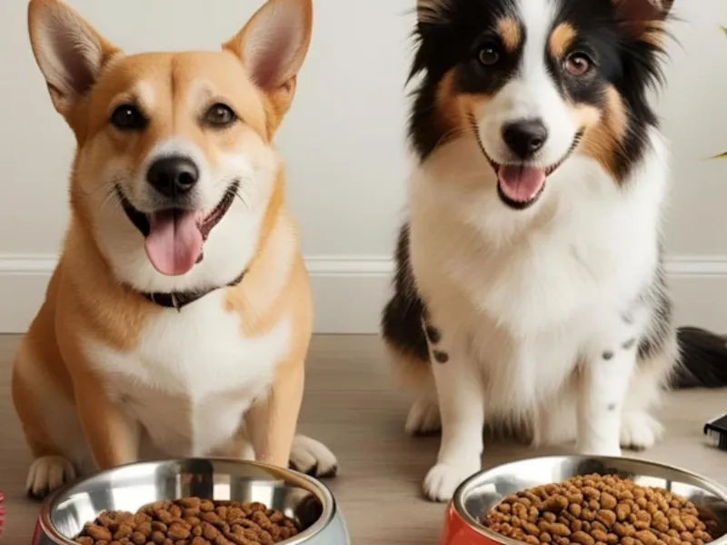 Two happy dogs sit beside their food bowls filled with kibble—one bowl is orange and one gray—in a cozy indoor setting, illustrating warmth and the potential of affiliate marketing in the pet care niche.