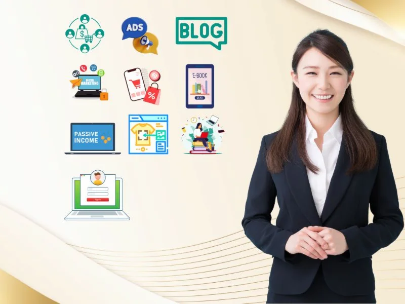 A woman in a blue shirt gestures towards various digital marketing icons, including ads, blogging, e-books, and passive income, representing the opportunities available through Freelance2Retire for building a successful online income.