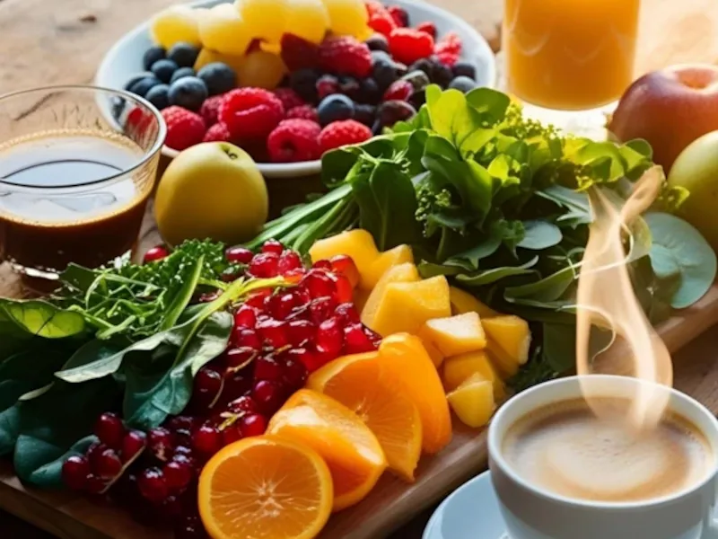 A vibrant spread of fresh fruits and greens, with coffee and juice, captures a healthy breakfast scene.