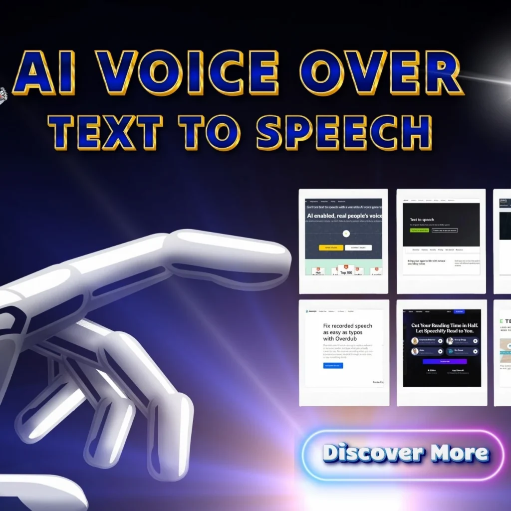 Graphical user interface showcasing a website titled “AI Voice Over” with options for “Text to Speech" and a button labeled "Discover More." The logo reads "F2R Freelance2Retire," surrounded by tags related to text, screenshot, medical equipment, graphic design, and design.