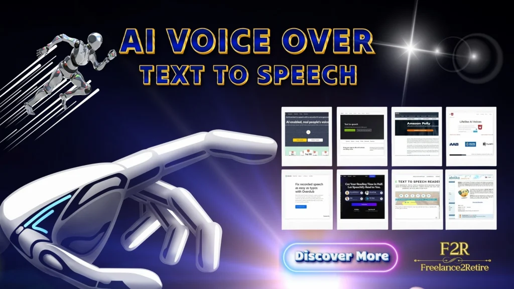 Graphical user interface showcasing a website titled “AI Voice Over” with options for “Text to Speech" and a button labeled "Discover More." The logo reads "F2R Freelance2Retire," surrounded by tags related to text, screenshot, medical equipment, graphic design, and design.