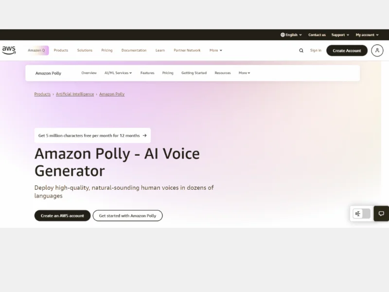 Amazon Polly interface – Text-to-speech feature promoting lifelike voice synthesis, with the message “Transform your text into speech.”
