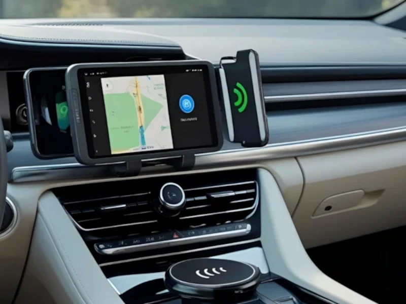A modern car interior showcasing a smartphone navigation display and a wireless charging pad on the center console, highlighting smart technology and affiliate marketing opportunities in automotive accessories