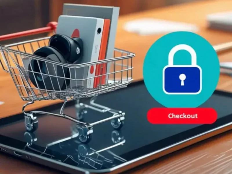 A shopping cart filled with items next to a checkout button with a padlock symbol, indicating secure online purchasing.