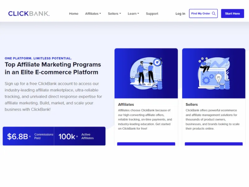 ClickBank homepage displays affiliate marketing programs, smart passive income ideass emphasizing user potential, commissions, and registration options.