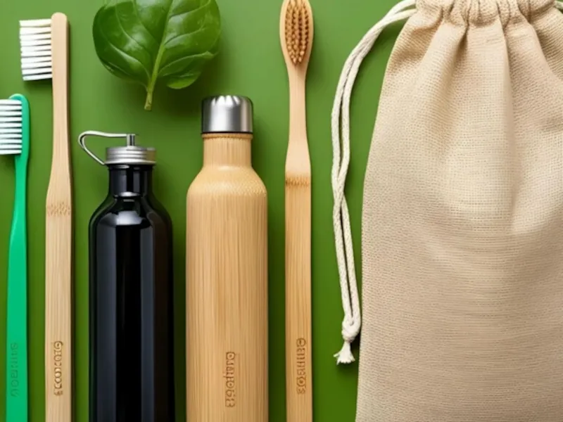 A collection of eco-friendly products including bamboo toothbrushes, a water bottle, a leafy green, and a canvas bag on a green background, showcasing eco affiliate marketing.