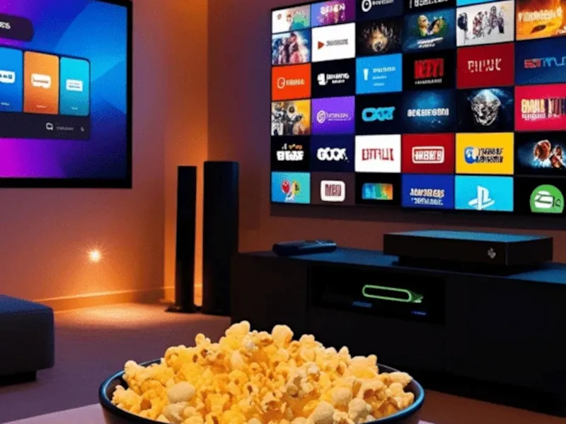 A cozy home theater setup with a large screen displaying app icons and a bowl of popcorn in the foreground, symbolizing affiliate marketing opportunities in a relaxed digital environment.