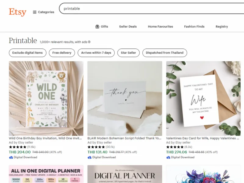 Etsy, smart passive income ideas online, printable section showcasing three items: aonline birthday invitation, a thank you card, and a Valentine's card, with pricing and ratings.