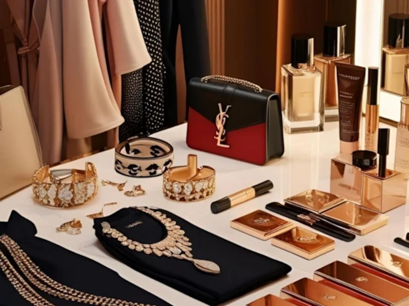A luxurious display of jewelry, cosmetics, and a designer handbag, surrounded by elegant clothing on hangers, representing fashion and beauty affiliate programs for passive income with Freelance2Retire.