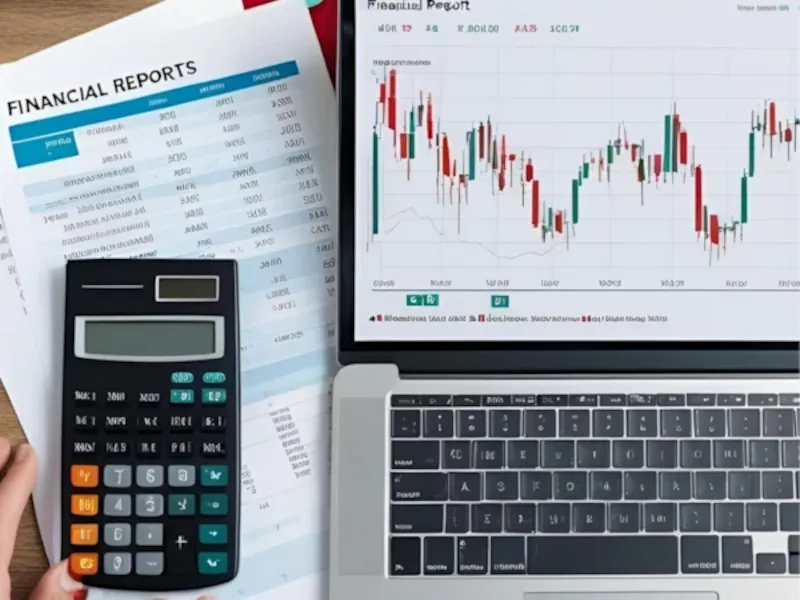 A hand using a calculator next to financial reports and a laptop displaying a stock chart—symbolizing financial insights and affiliate marketing opportunities. #AffiliateMarketing