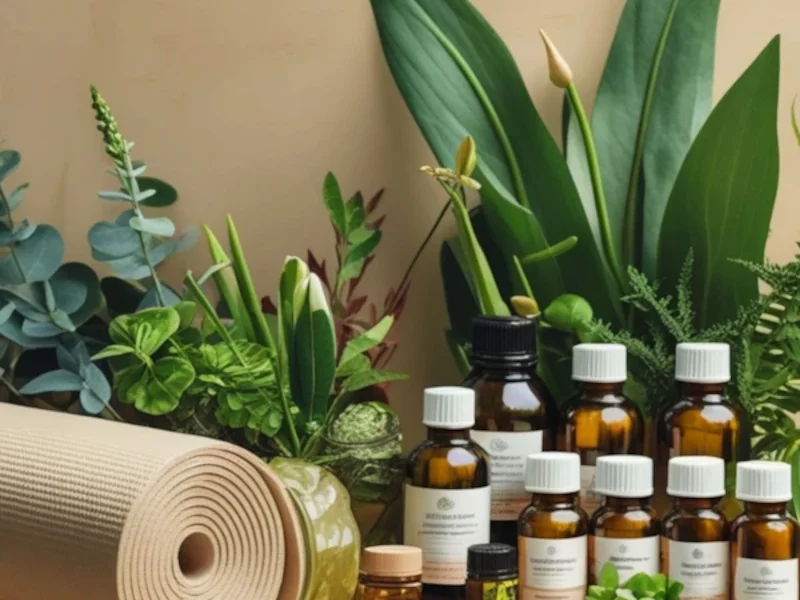 A wooden shelf displays various essential oil bottles and a rolled yoga mat, surrounded by lush greenery and elegant plants.