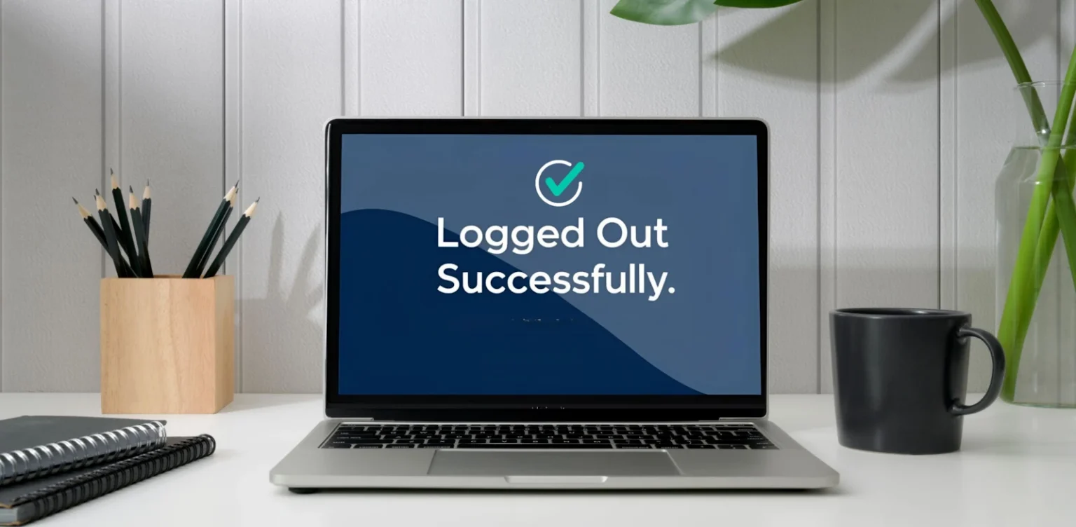 A laptop on a desk displays “Logged Out Successfully” with a check mark, surrounded by notebooks, pencils, and a coffee mug.