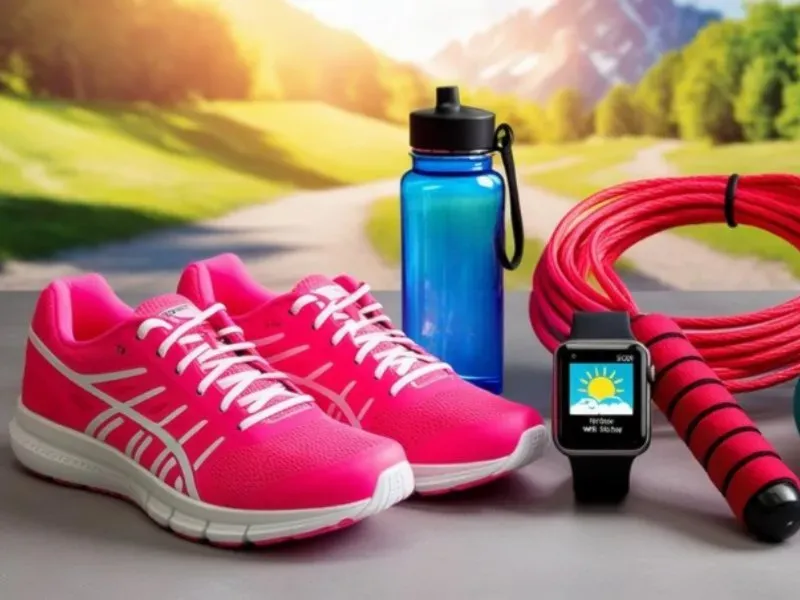 Bright pink athletic shoes next to a water bottle, a jump rope, and a smartwatch displaying weather, set against a sunny outdoor background.