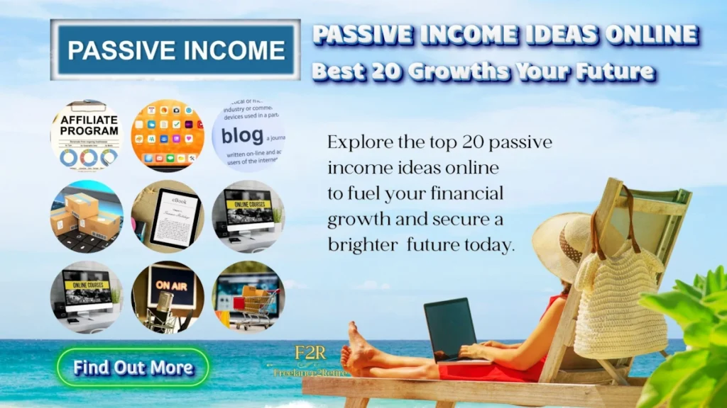 Digital screen showing 'PASSIVE INCOME IDEAS ONLINE' with text highlights like 'Top 20 Ideas,' 'Affiliate Program,' 'Blog,' and 'On Air.' Inspires financial growth and future success.