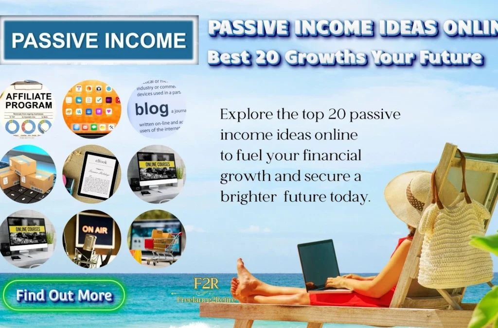 Digital screen showing 'PASSIVE INCOME IDEAS ONLINE' with text highlights like 'Top 20 Ideas,' 'Affiliate Program,' 'Blog,' and 'On Air.' Inspires financial growth and future success.