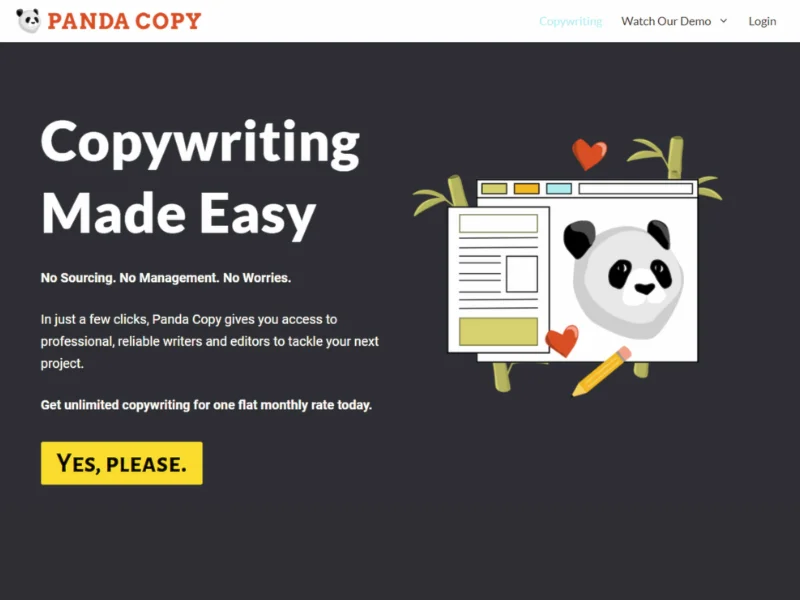 Panda Copy website homepage featuring a playful panda graphic, promoting easy access to professional copywriting services.