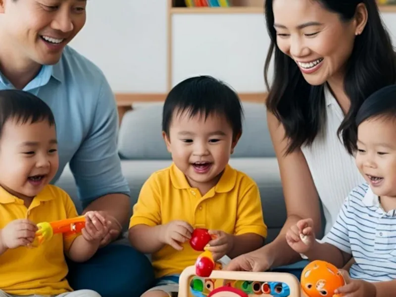 A family with young children plays with colorful toys and a wooden activity center, showcasing affiliate marketing's connection to quality brands and passive income.
