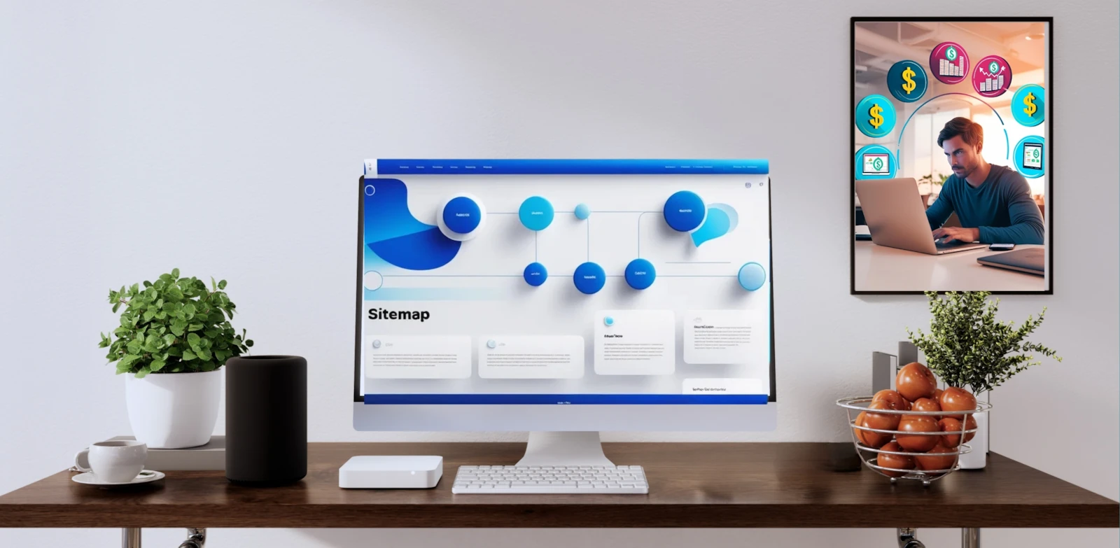 A modern desk with a computer displaying a sitemap, a plant, a speaker, and a bowl of oranges against a clean wall backdrop.
