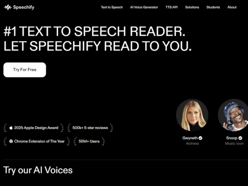 Speechify featuries accolades, a call-to-action button, and icons of celebrities associated with the service.
