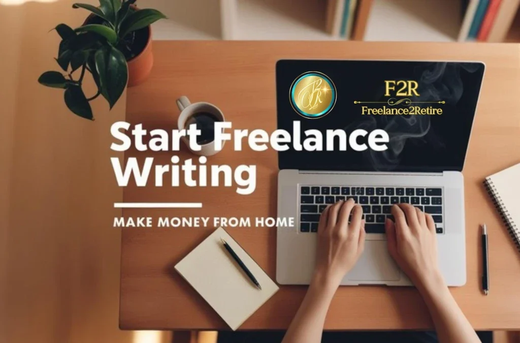 A person starts freelance writing, typing on a laptop, with on-screen text promoting freelance writing as a flexible and profitable online career.
