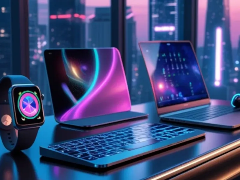 A sleek desk with a glowing keyboard, tablet, smartphone, and smartwatch, overlooking a city skyline at sunset, symbolizing affiliate programs and digital entrepreneurship with Freelance2Retire