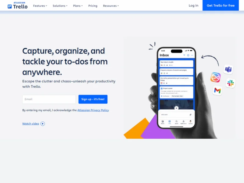 A phone displaying the Trello app with to-do lists, accompanied by a call to action for users to sign up for productivity tools for starting freelance writing.