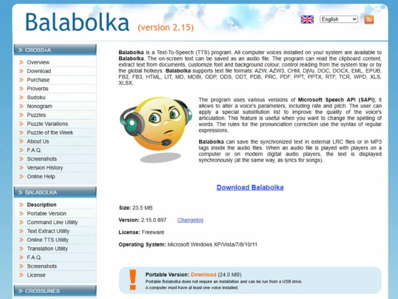 Balabolka text-to-speech software – Homepage screenshot showing download options and detailed feature descriptions for voice conversion tools.