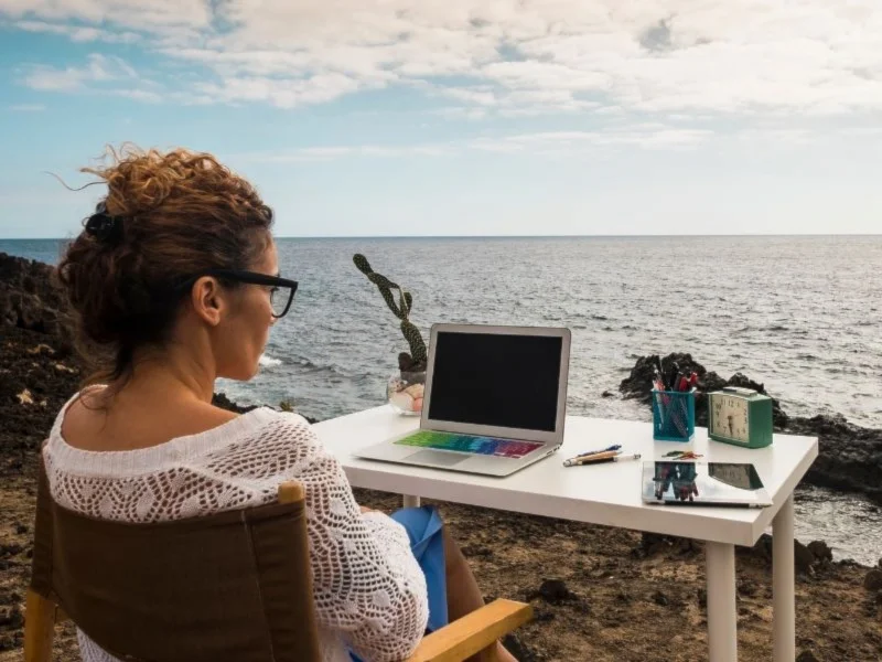 A Person working on a laptop by the ocean with notepad and pens on a rocky terrain surrounded by plants, representing the Freelance2Retire lifestyle of remote work and earning money for retirement.