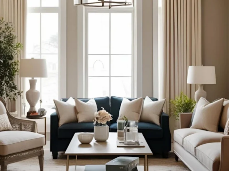 Interior of a modern living room featuring a dark blue sofa, light beige armchairs, a coffee table, and large windows with sheer curtains.
