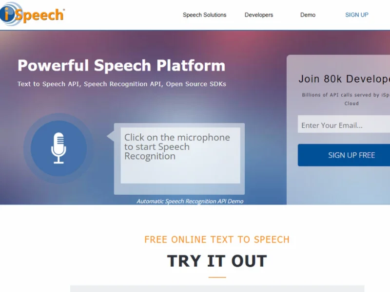 Homepage of iSpeech, showcasing a powerful speech platform with options.