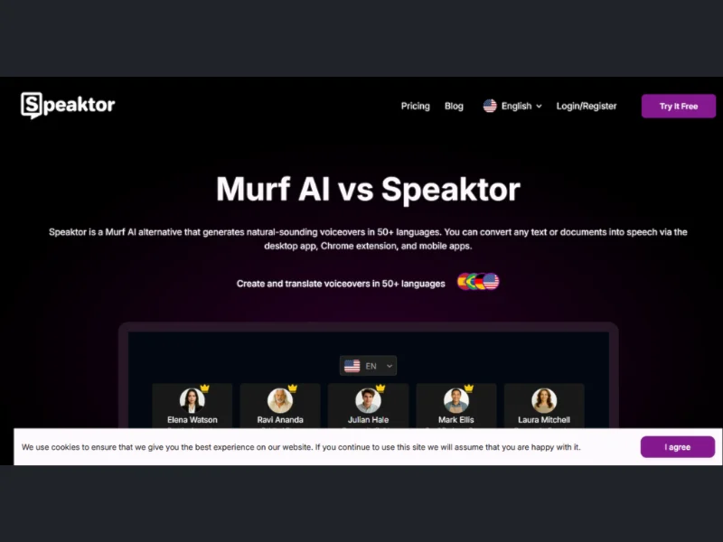 Murf AI website layout – Showcasing Speaktor, an AI voiceover tool with user profiles, language selection options, and text-to-speech conversion features.