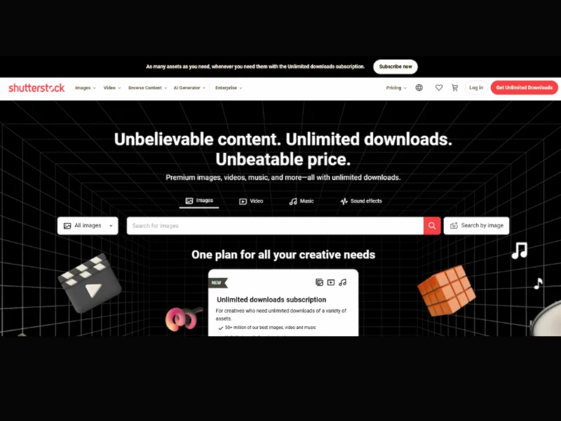 Shutterstock, selling photos platforms, smart passive income ideas. 's homepage showcasing services for unlimited downloads of images, videos, and music with a promotional banner.