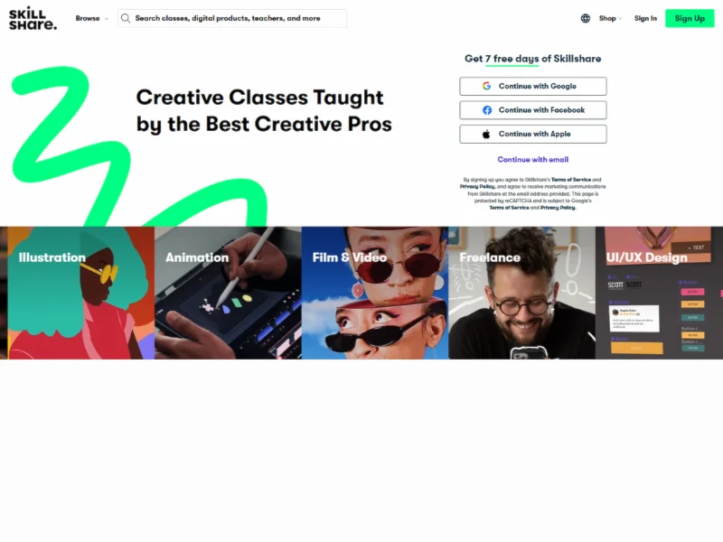 Skillshare homepage showcasing various creative classes like illustration, animation, and UI/UX design, with sign-in options at the top.