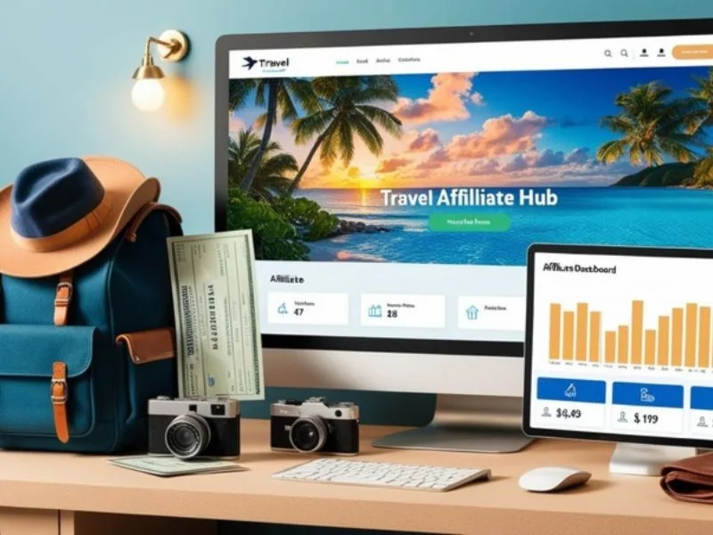 A travel-themed workspace featuring a computer displaying a travel affiliate website, a backpack, cameras, and travel tickets.