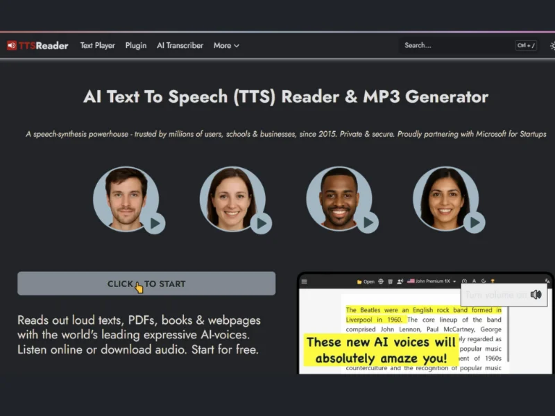 TTS Reader website,features to read aloud text and download audio files.