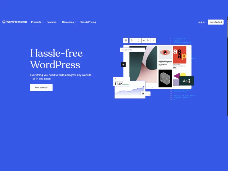 Homepage of WordPress.com, featuring "Hassle-free WordPress" text, an interactive design layout, and a call-to-action button.