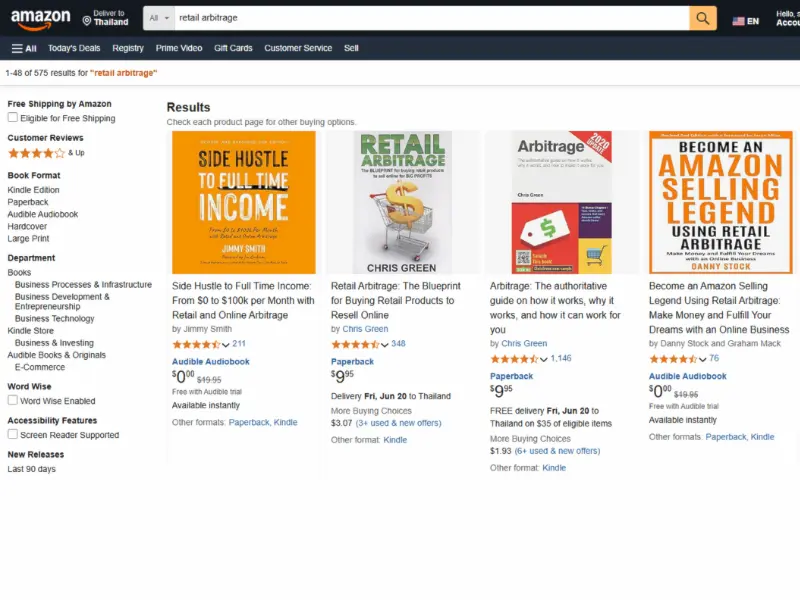 Amazon search results for "retail arbitrage," featuring various books and audiobooks on the topic, including reviews and prices.