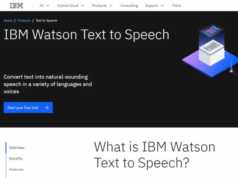 IBM Watson Text to Speech webpage showcasing text-to-speech capabilities in multiple languages and voices, with a trial link.