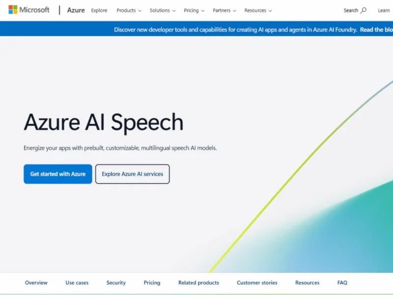 Azure AI Speech – Customizable multilingual speech AI models with buttons to get started or explore additional Azure AI services