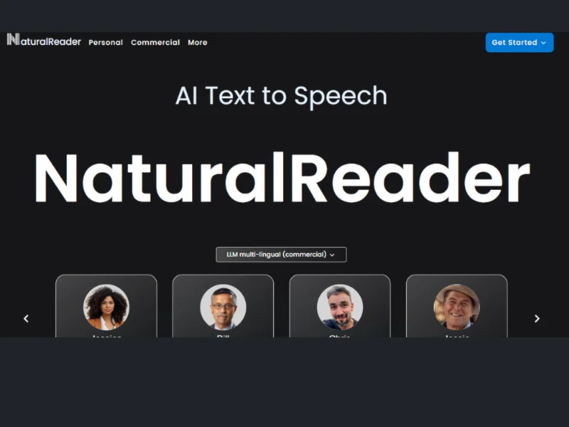 NaturalReader website showcasing AI text-to-speech services with multilingual options and user profiles for different voice selections.