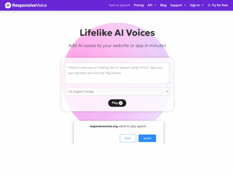 A webpage from ResponsiveVoice with input box and a button to generate lifelike AI voices.