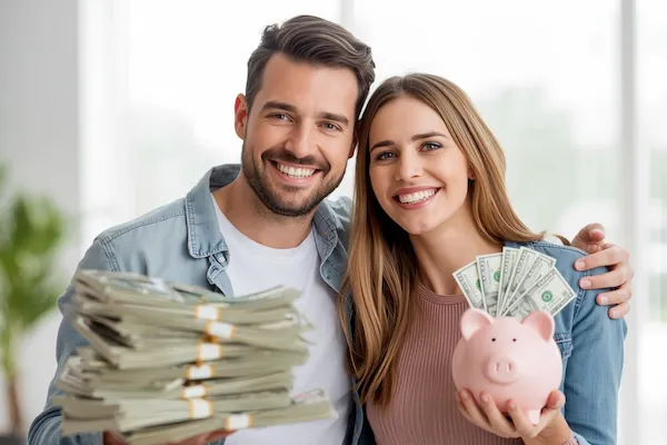 A couple holds a stack of cash and a pink piggy bank filled with dollar bills, smiling happily in a bright indoor setting.