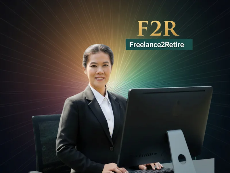 A business professional in a suit stands confidently by a computer, with a colorful burst backdrop revealing the text "F2R" and "Freelance2Retire."